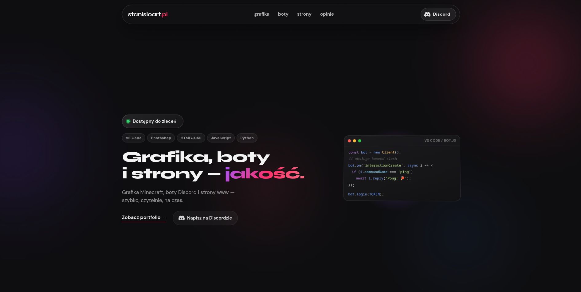 Portfolio stanisloart.pl — ciemny hero z edytorem kodu