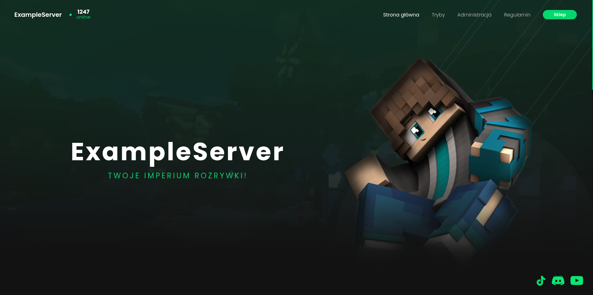 Strona serwera Minecraft — ciemnozielony hero z postacią 3D